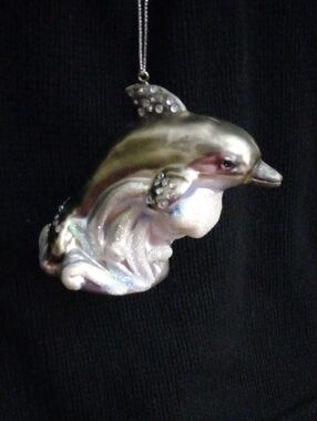 Iridescent Dolphin Hanging Holiday Ornament - Silver & Pearl